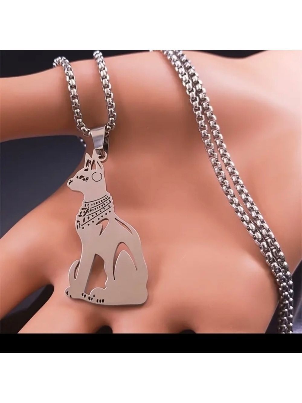 EGYPTIAN Cat Goddess Necklace Stainless Steel in Silver or Gold - Picture 4 of 6